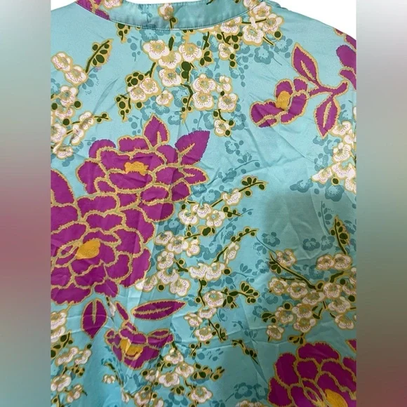 Natori Harumi Satin Pajama-Top Pull-Over Long Sleeve Floral Multicolor Women L - Picture 4 of 8